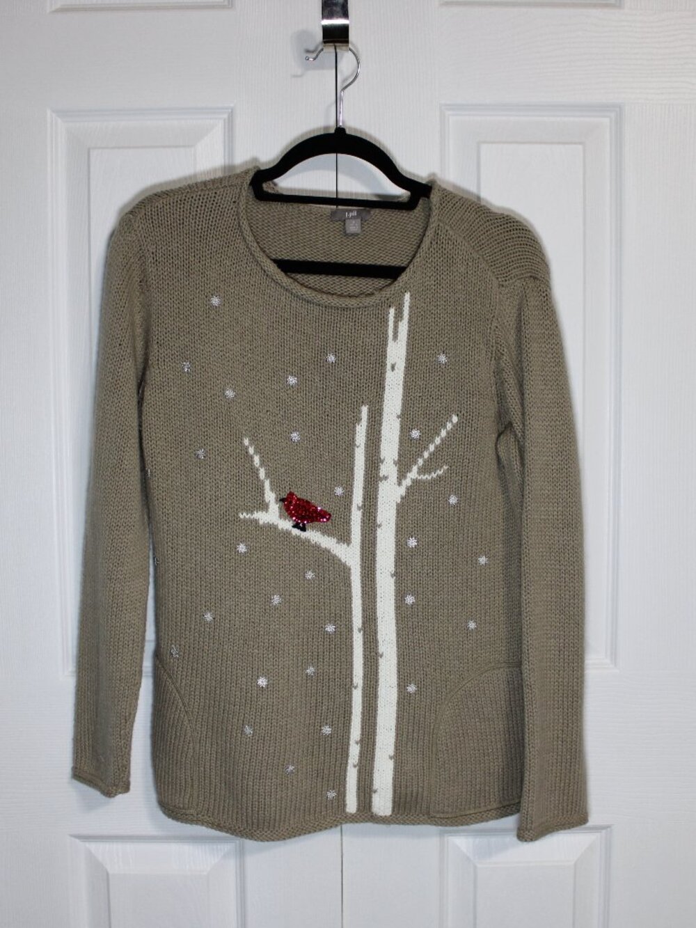 J.Jill Taupe Winter Themed Birch Tree and Cardinal Knit Sweater